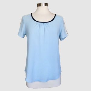 Powder Blue Top w White Lace Shoulder Detail
